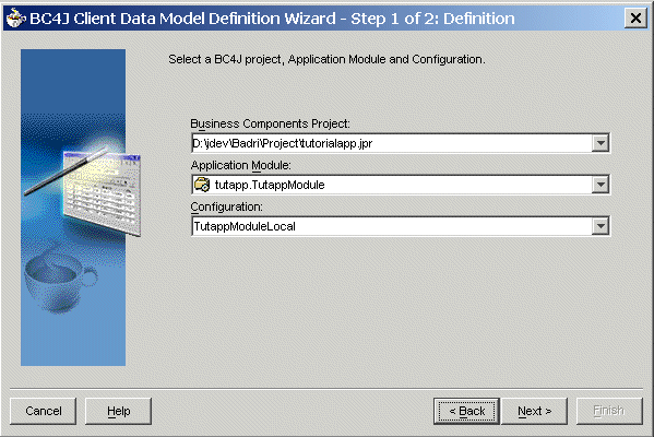 The BC4J client data model definition dialog. The BC4J client data model definition dialog.