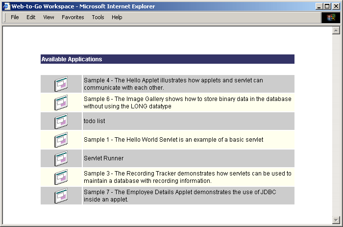 The available applications page