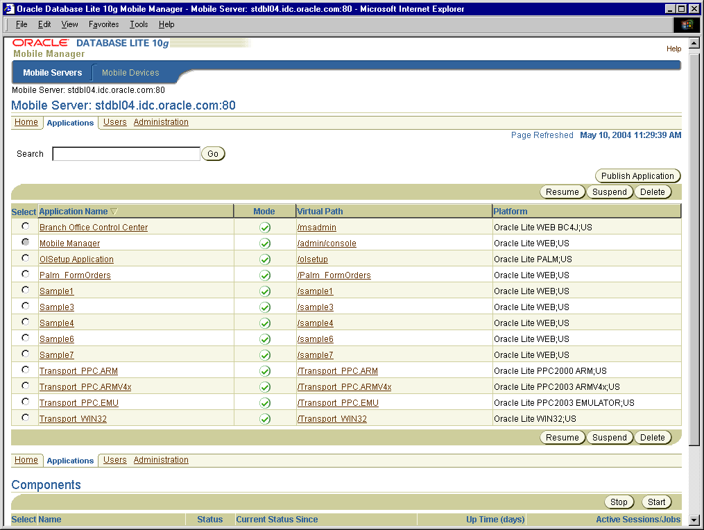 The applications page
