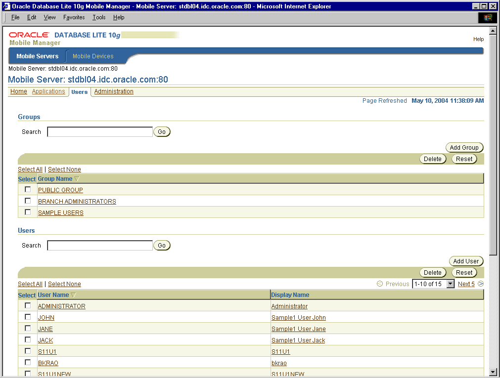 The Users page