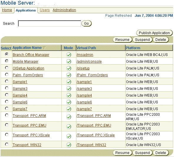 The Mobile Server applications page.