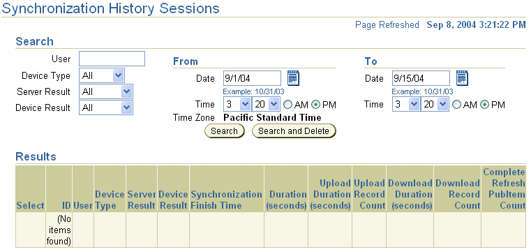 The Synchronization History Sessions page. The Synchronization History Sessions page.