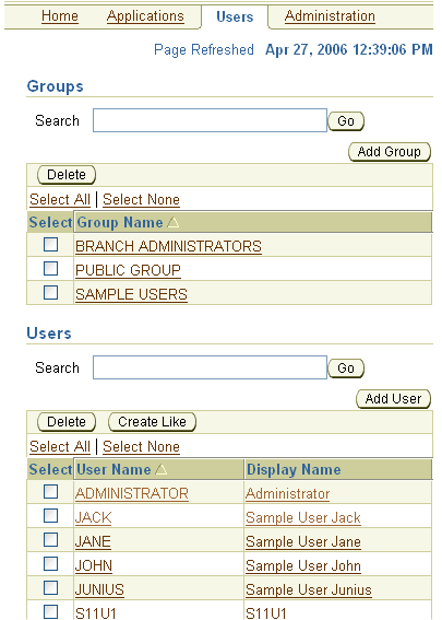 The Groups and Users page for this Mobile Server.