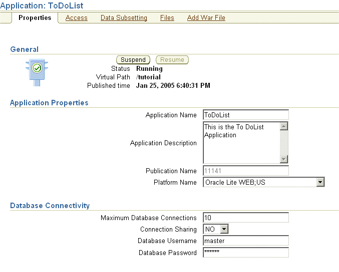 The application properties page