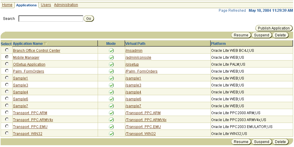 The applications page