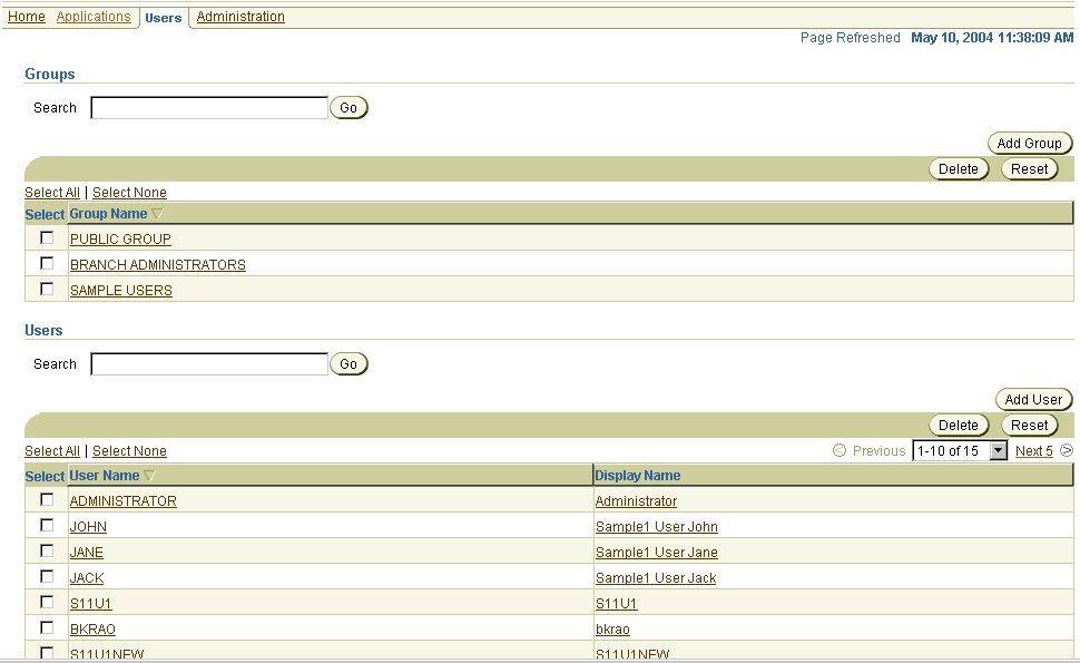 The Users page