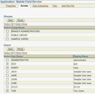 The access page lists group names and users