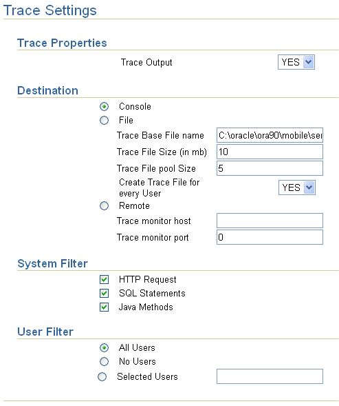 General trace settings General trace settings