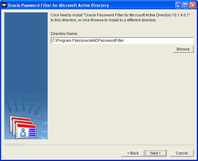 Oracle Password Filter for AD installer screen Oracle Password Filter for AD installer screen