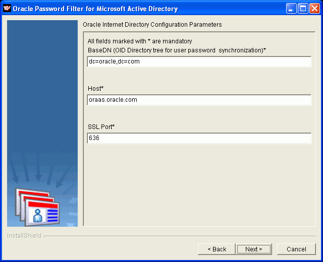 Oracle Password Filter for AD installer screen Oracle Password Filter for AD installer screen