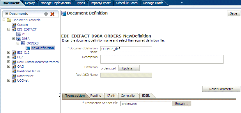 Input the document definition name. Input the document definition name.