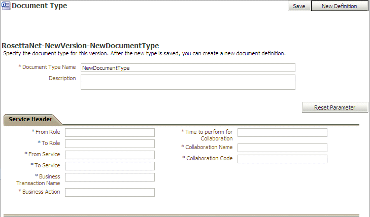 Service header parameters for a RosettaNet document Service header parameters for a RosettaNet document
