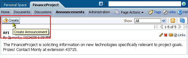 Create button on an Announcements page Create button on an Announcements page