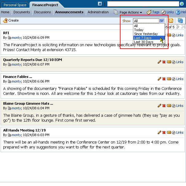 Show drop-down menu on Announcements page Show drop-down menu on Announcements page