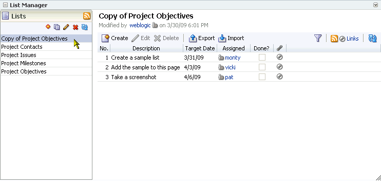 Selecting a list in the List Manager Selecting a list in the List Manager