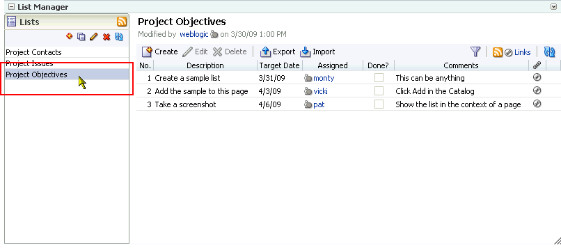 Selecting a list in the List Manager Selecting a list in the List Manager