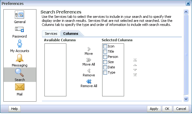 Columns tab in search preferences Columns tab in search preferences