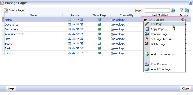 Edit Page command on the Actions menu Edit Page command on the Actions menu