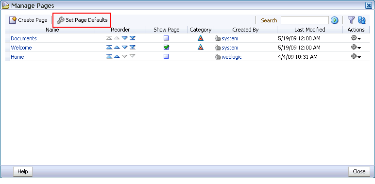 Set Page Defaults in Manage Pages dialog box Set Page Defaults in Manage Pages dialog box
