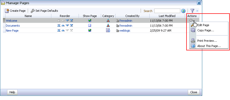 Actions column in Manage Pages dialog box Actions column in Manage Pages dialog box