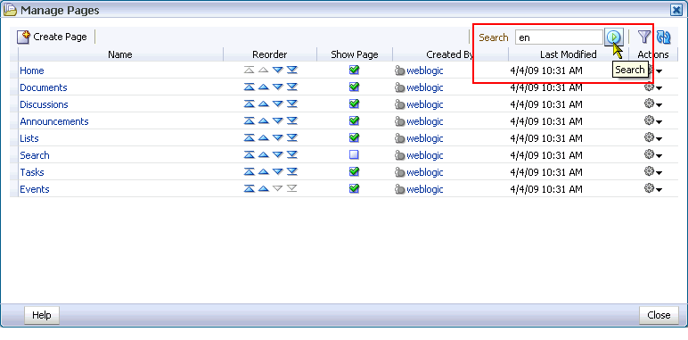 Search field and button in Manage Pages dialog box Search field and button in Manage Pages dialog box