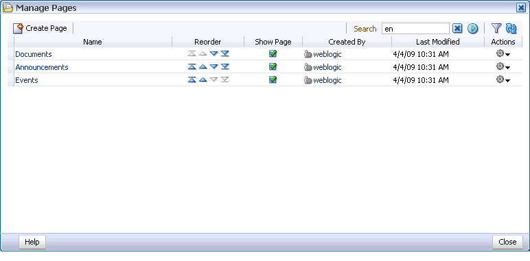 Search results in the Manage Pages dialog box Search results in the Manage Pages dialog box
