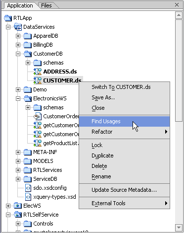 Finding Usages of a Data Service in RTLApp