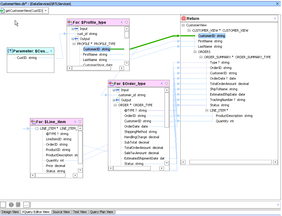 Sample XQuery Editor Query with Its Return Type 