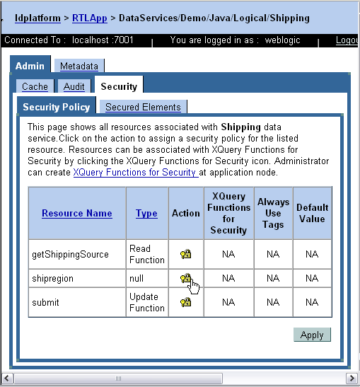 Security Policies Associated with the RTLApp's Shipping Data Service