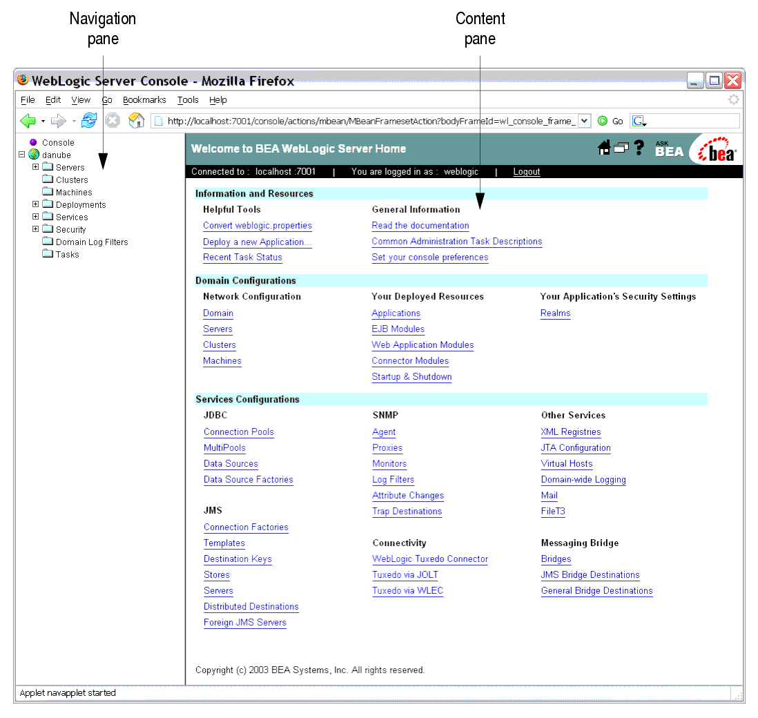 Home Page of the WebLogic Server Administration Console