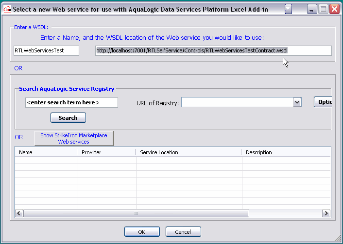 Entering a WSDL Location and an Alias Name for the New Web Service