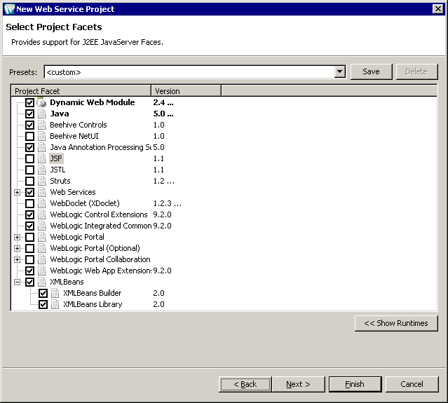 New Web Service Project: Select Project Facets