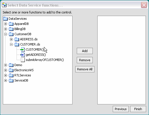 Control Wizard: Select Data Service Functions Dialog Box