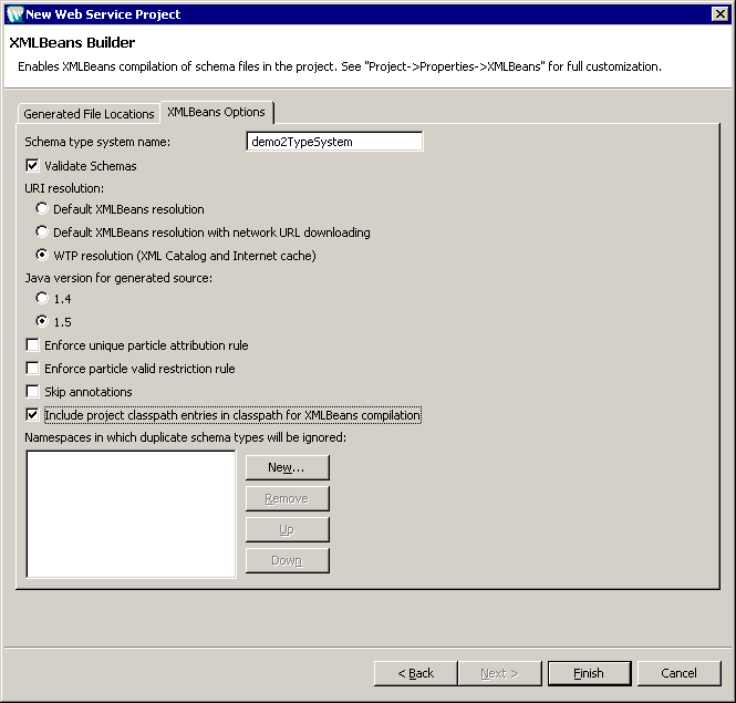 New Web Service Project: XMLBeans Builder Dialog Box