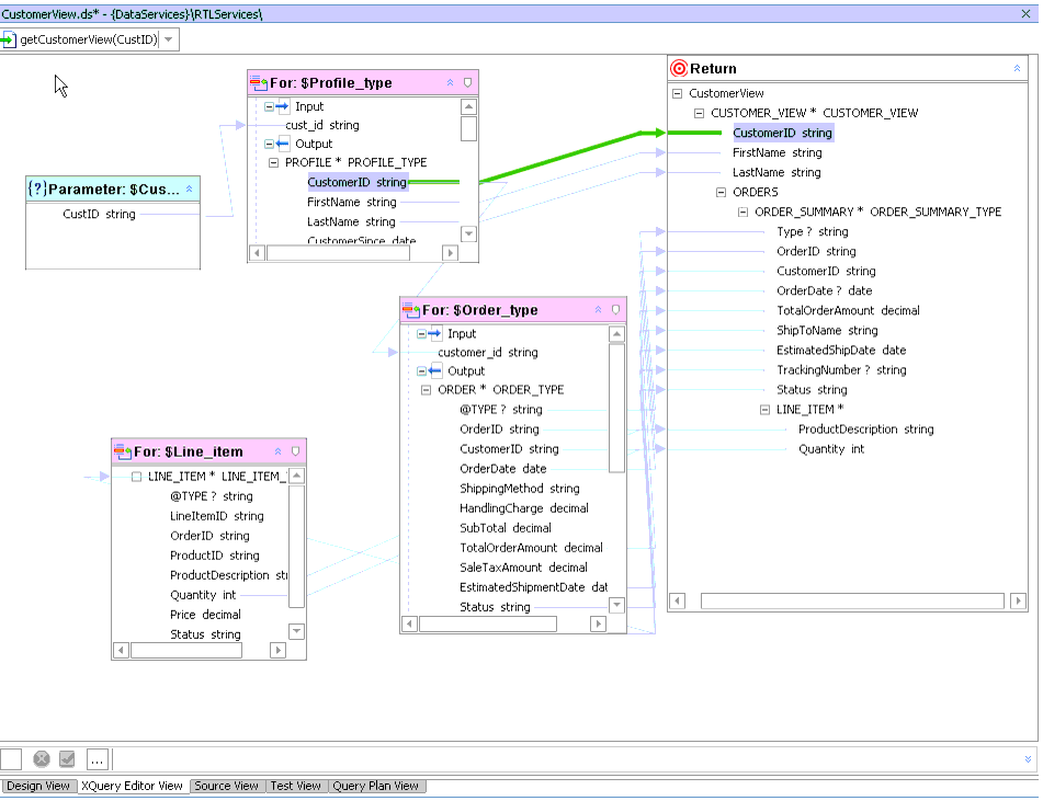 Sample XQuery Editor Query with Its Return Type