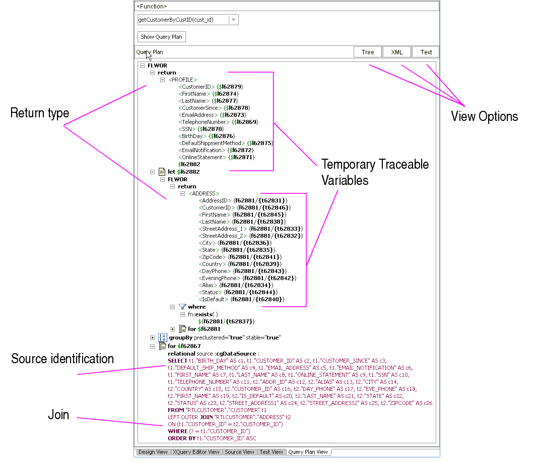 Query Plan Fragment for RTLApp's Customer Data Service getCustomerByCustID(cust_id) Function