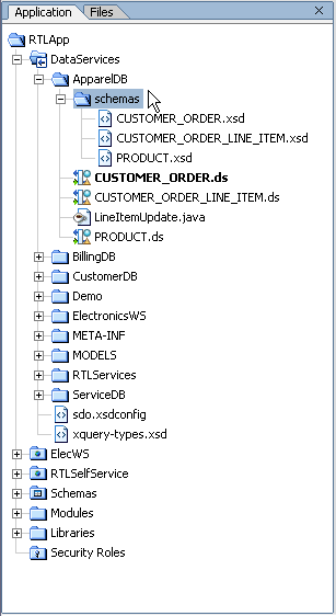 AquaLogic Data Services Platform Application Pane Displaying a Data Service and Its Schema Directory