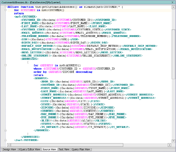 Design View of Customer Orders Data Service