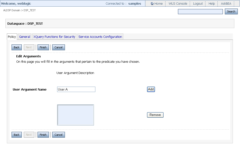 User Predicate Arguments Page