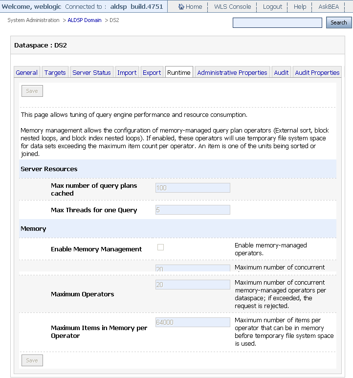 ALDSP Administration Console: Runtime Tab