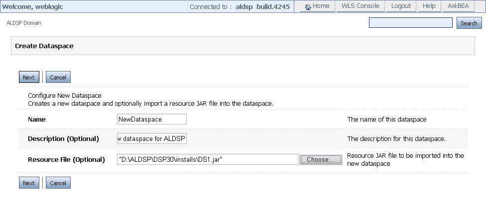 Specifying the New Dataspace Details
