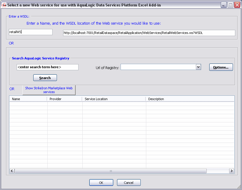 Entering a WSDL Location and an Alias Name for the New Web Service