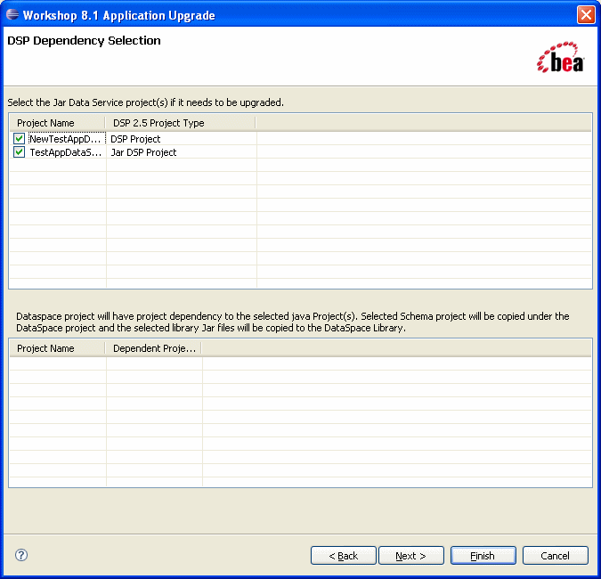 Workshop 8.1 Application Upgrade: DSP Dependency Selection Dialog Box