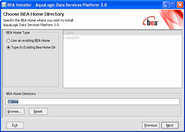Choose BEA Home Directory