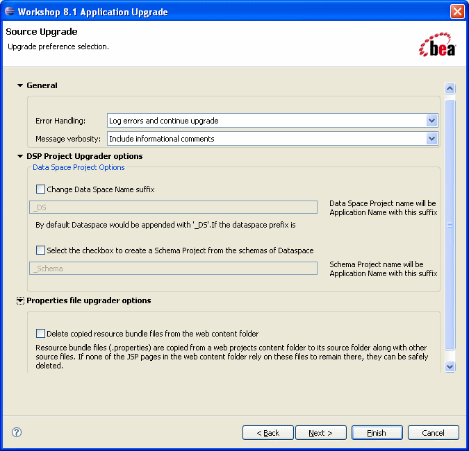 Workshop 8.1 Application Upgrade: Source Upgrade Dialog Box