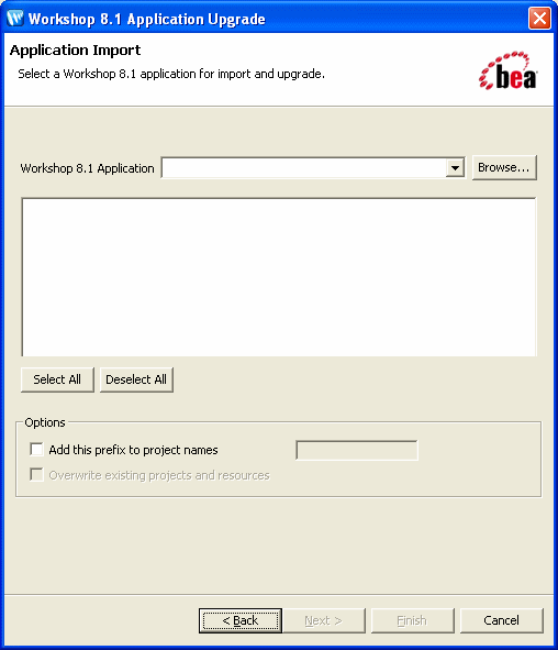 Workshop 8.1 Application Upgrade: Application Import Dialog Box