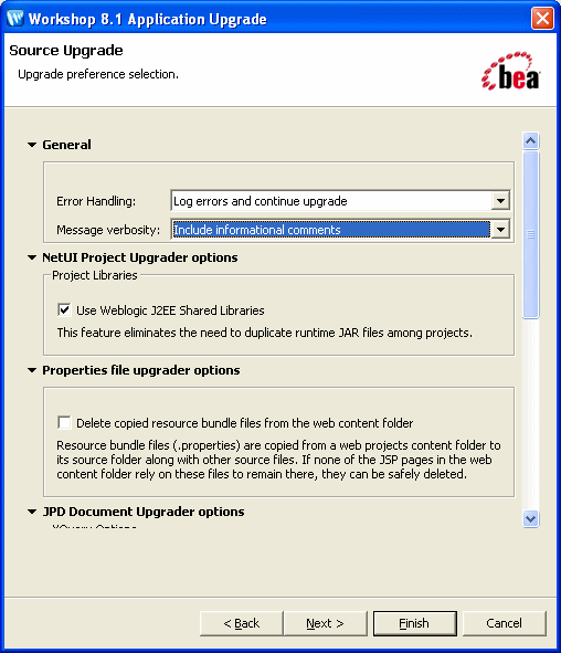 Workshop 8.1 Application Upgrade: Source Upgrade Dialog Box