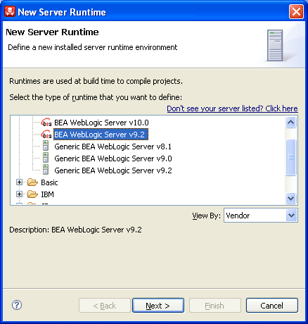 Server Runtime Environment Selection Dialog Box