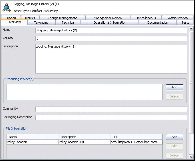 Configure Artifact:WS-Policy Asset Type