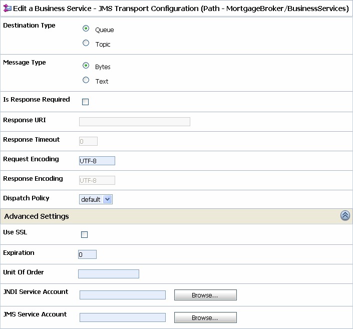JMS Transport Configuration Page